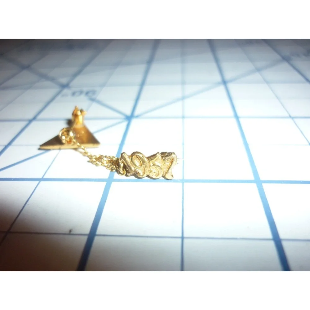 Vintage 1957 Triangle Sorority Fraternity Enamel Lapel Pin Guard Chain Gold Tone